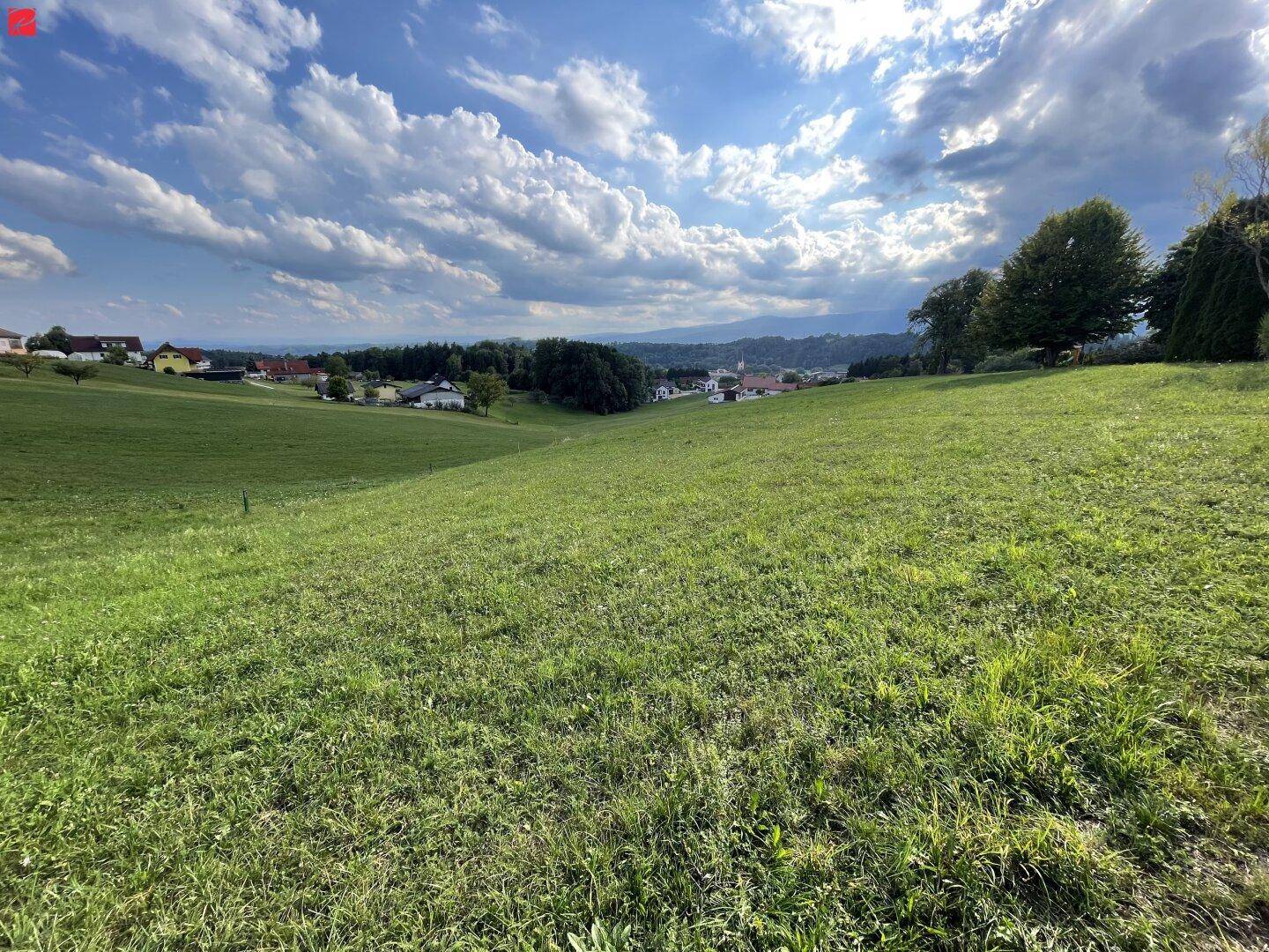 Idyllische grüne Wiesenlandschaft mit Blick auf eine kleine Siedlung und bewölkten Himmel.