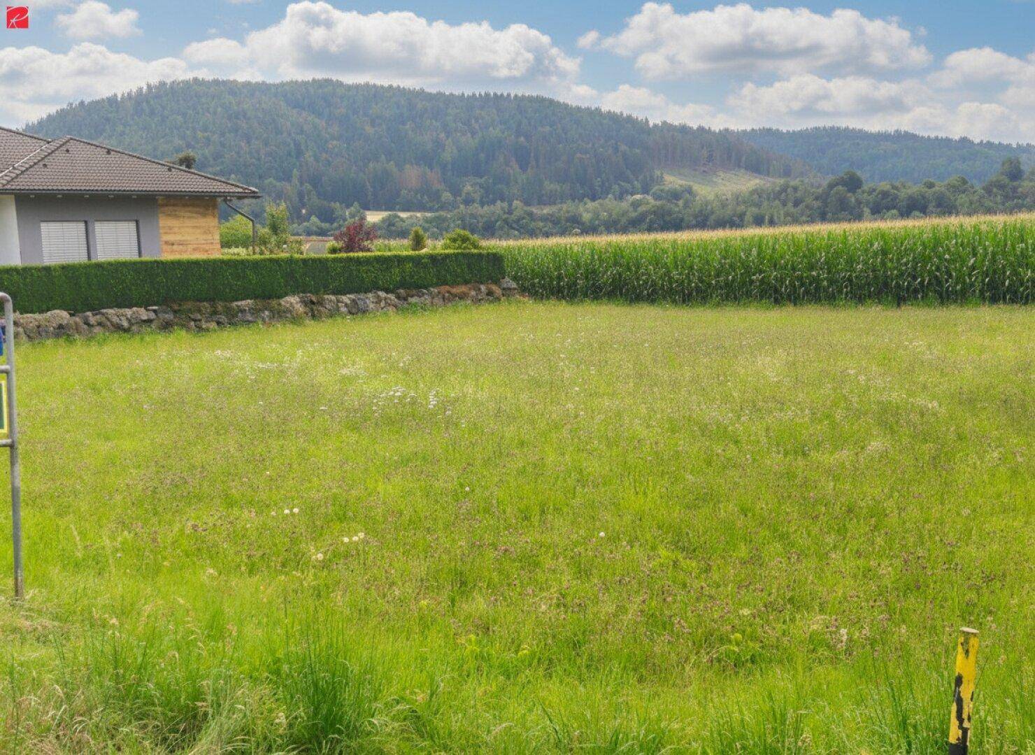 Gepflegte Gartenfläche neben einem modernen Haus mit weitem Blick auf die Natur und Berge.