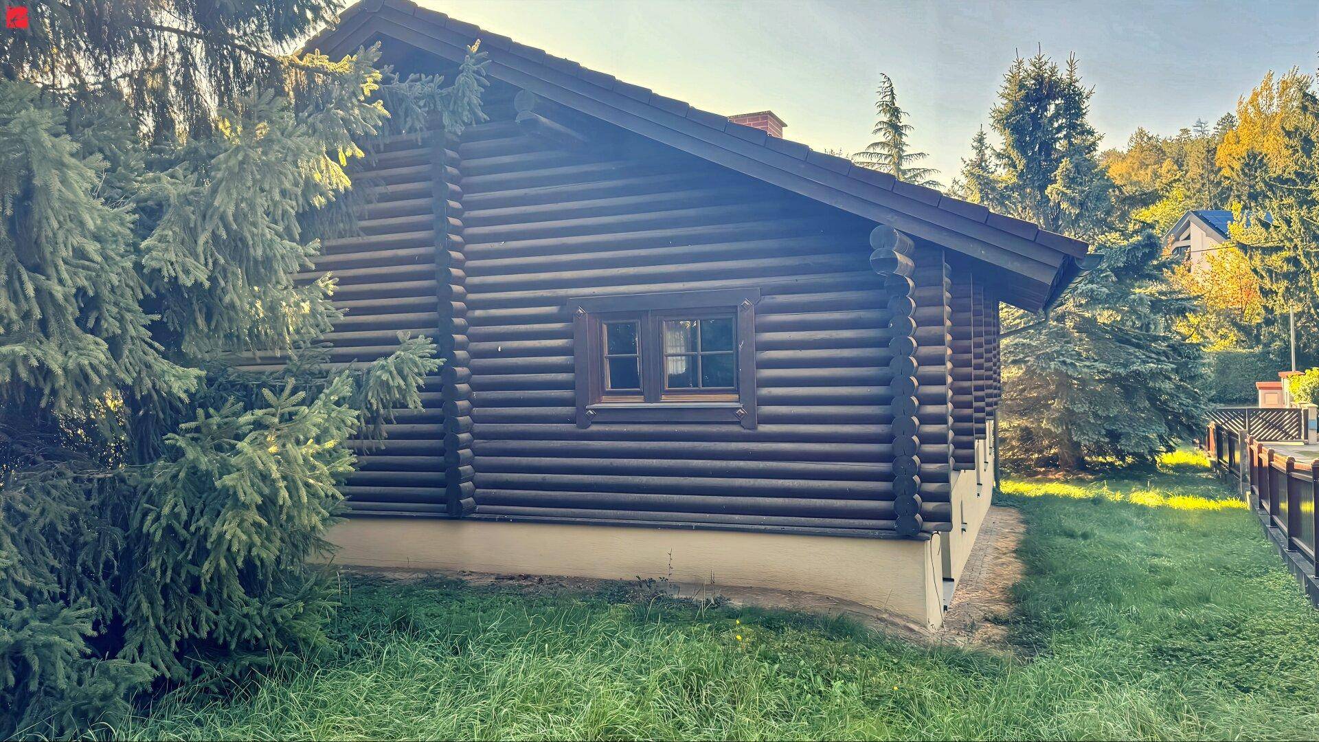 Seitenansicht eines Blockhauses mit dunkler Holzfassade, umgeben von Bäumen und Rasenflächen.