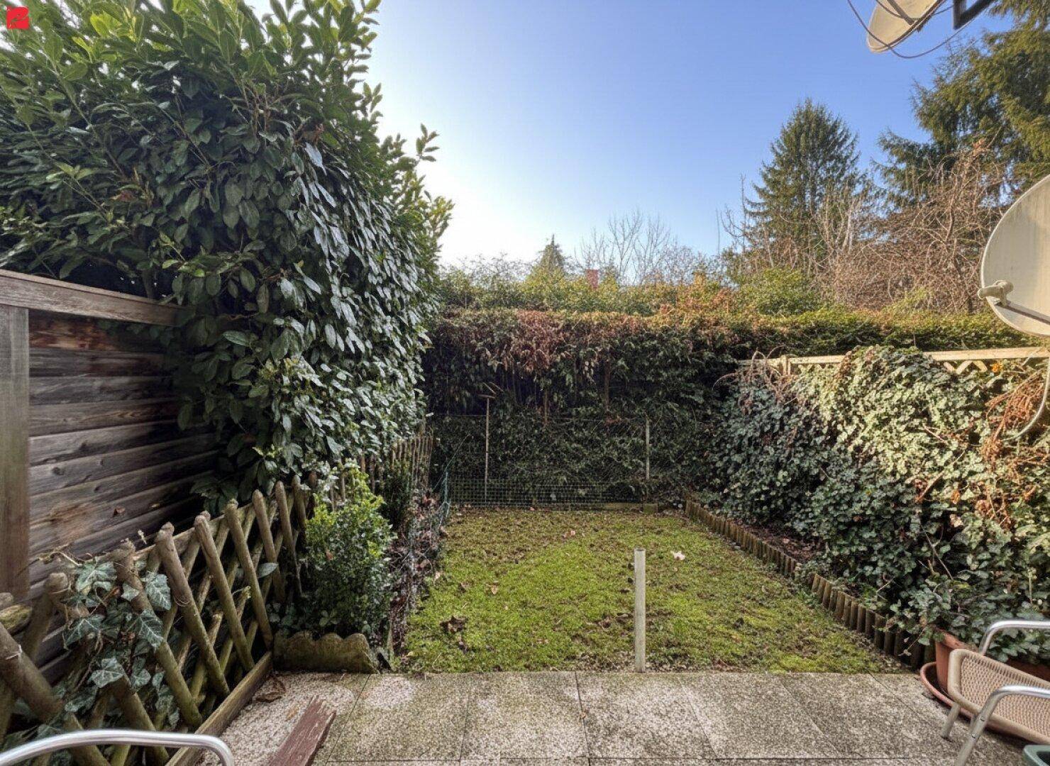 Kleiner, eingezäunter Gartenbereich mit Rasenfläche und Hecken, ideal für Entspannung im Freien.