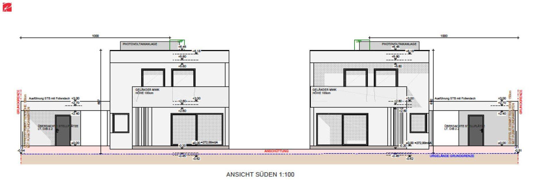 Architektonische Ansicht der Südfassade der Doppelhäuser mit Balkonen und Terrassen.