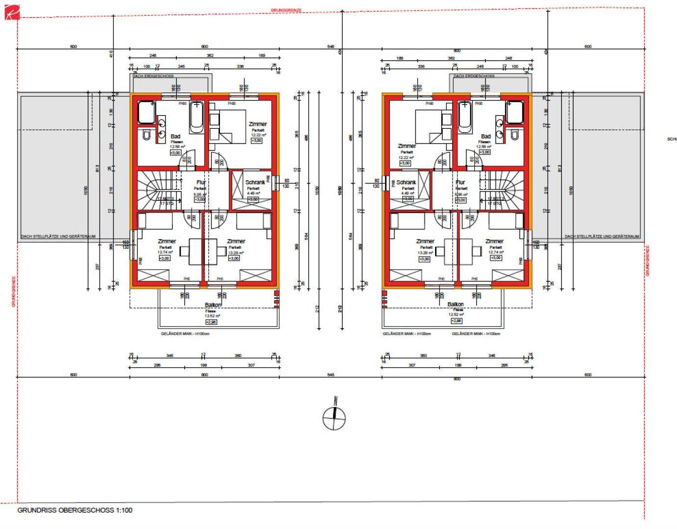 Grundriss des Obergeschosses mit Schlafzimmern, Bädern und Balkonzugang.
