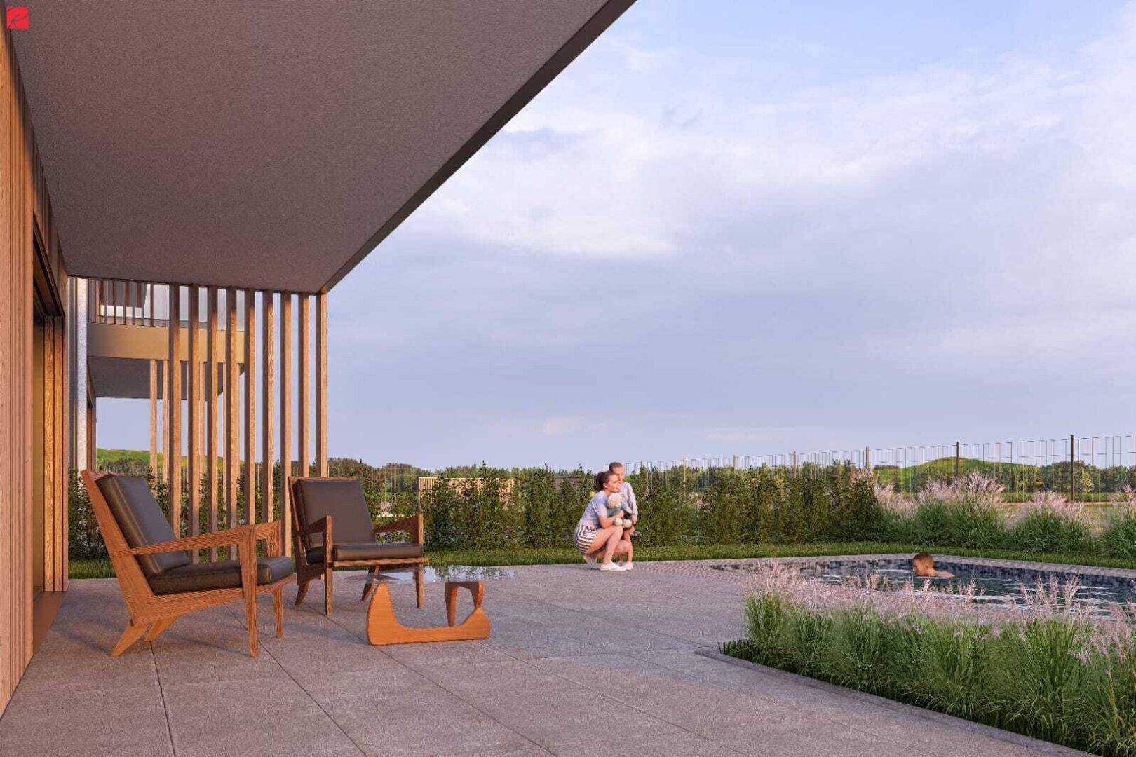 Gemütliche Terrasse mit Sitzgelegenheiten, direktem Zugang zum Pool und weitem Blick ins Grüne.