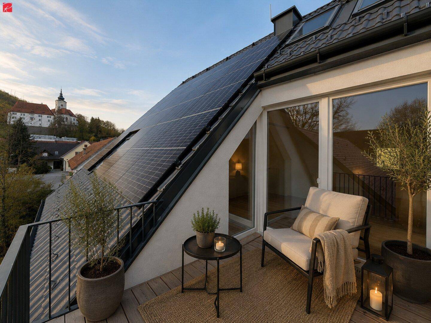 Balkon mit Sitzgelegenheiten, Blick auf die Umgebung und Photovoltaikanlage auf dem Dach.