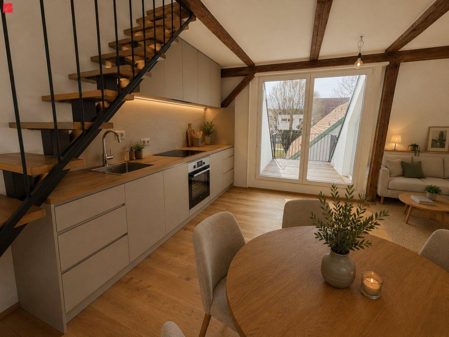 Moderne Einbauküche mit Holzarbeitsplatte, integrierten Geräten und Essbereich unter der Treppe.