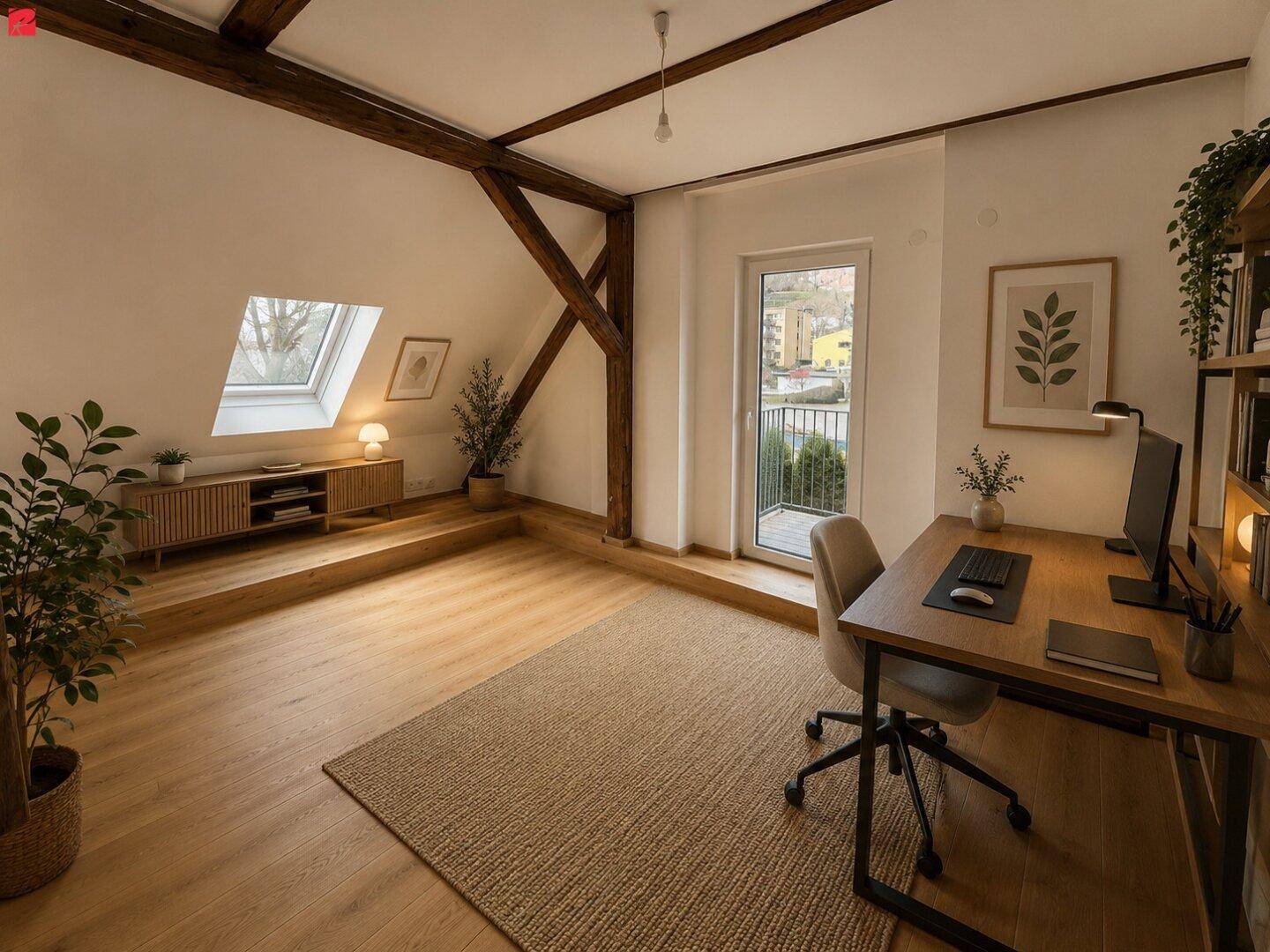 Helles Arbeitszimmer mit Holzboden, Dachfenster, Holzbalken und Zugang zu einem französischen Balkon.