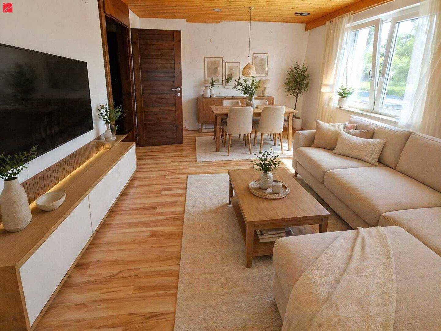 Heller Wohn-Essbereich mit Holzboden, beiger Couch und Esstisch unter einer Holzdecke.