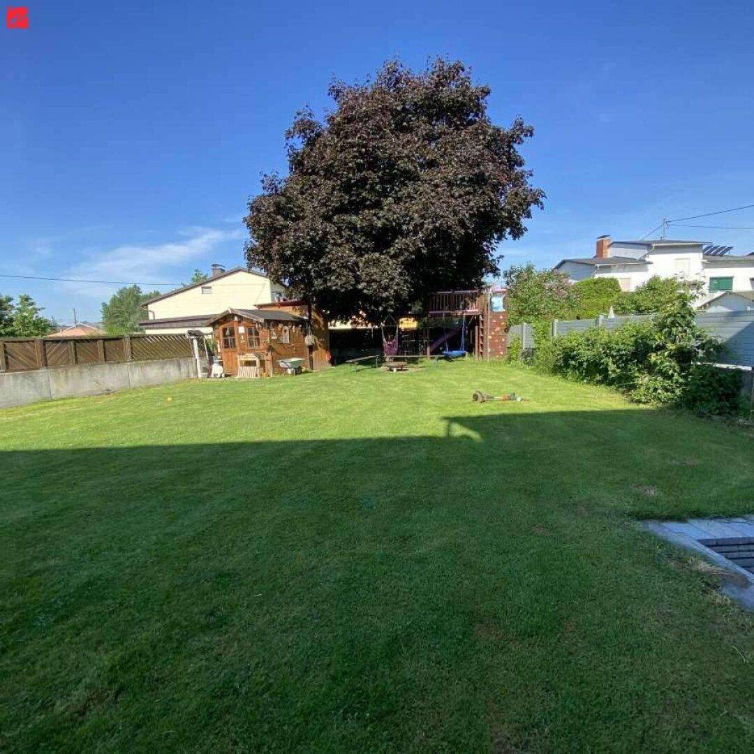 Großer, gepflegter Garten mit Rasenfläche, einem Baum und einem Spielbereich.