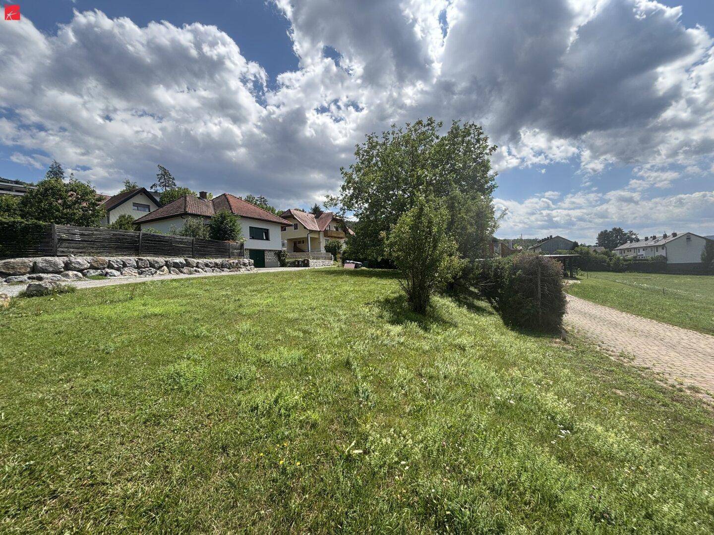 Grüne Wiese mit Wohnhäusern und Bäumen im Hintergrund unter einem bewölkten Himmel.