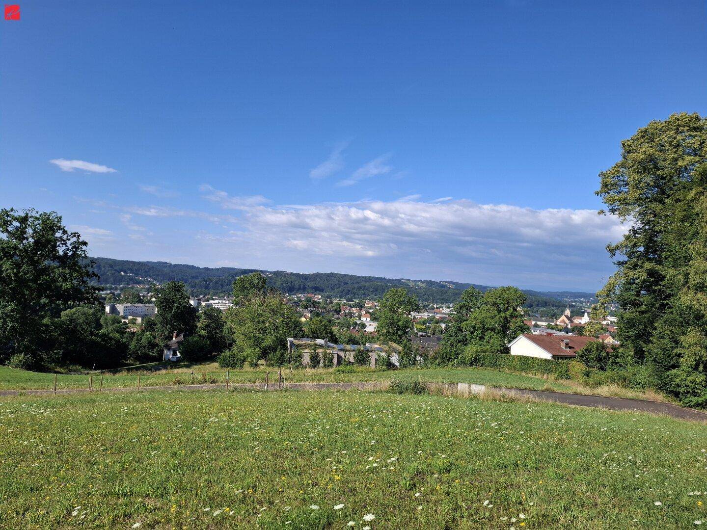 Panoramablick über grüne Wiesen und eine Stadt im Tal unter klarem blauem Himmel.
