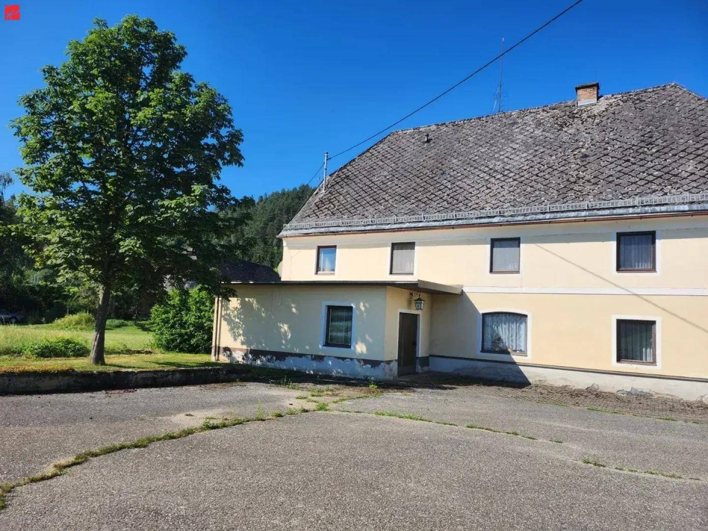 Vorderansicht des Hauptgebäudes mit beiger Fassade, traditionellem Dach und einem großen Baum im Vordergrund.