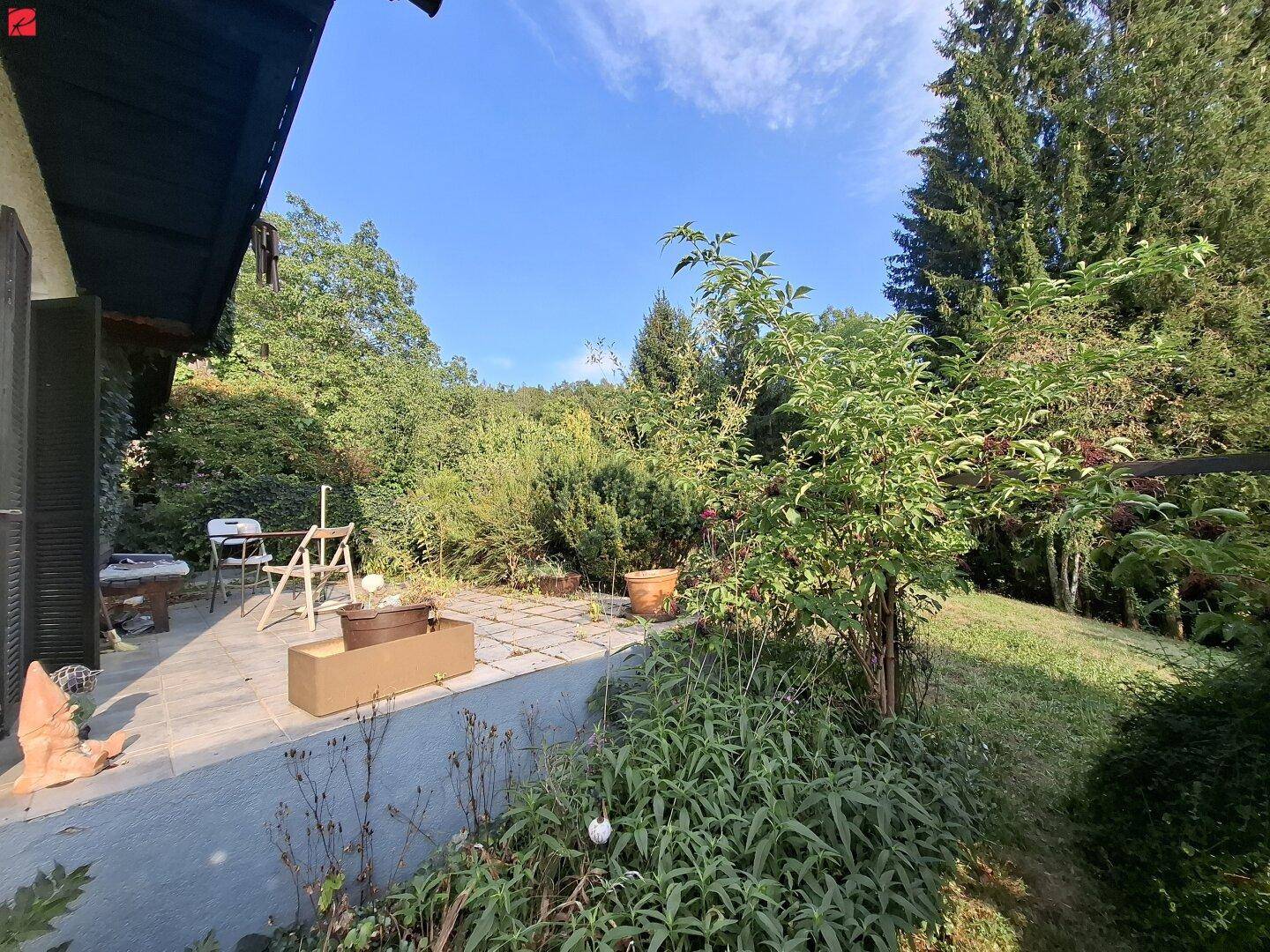 Gemütliche Terrasse mit Sitzgelegenheiten, umgeben von üppiger Vegetation und Bäumen.
