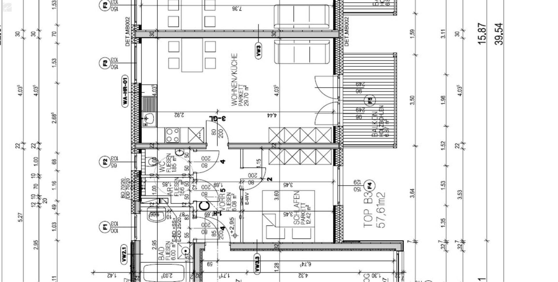 Detaillierter Grundrissplan einer Wohnung mit offenem Wohn-/Küchenbereich und Schlafzimmer.
