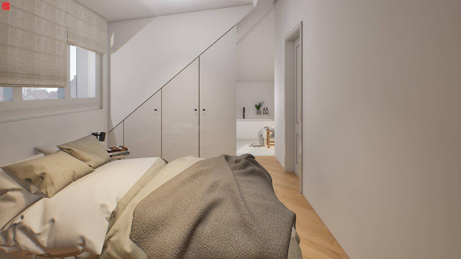 Helles Schlafzimmer mit Dachschräge, integrierten Schränken und Holzboden, bietet gemütlichen Rückzugsort.