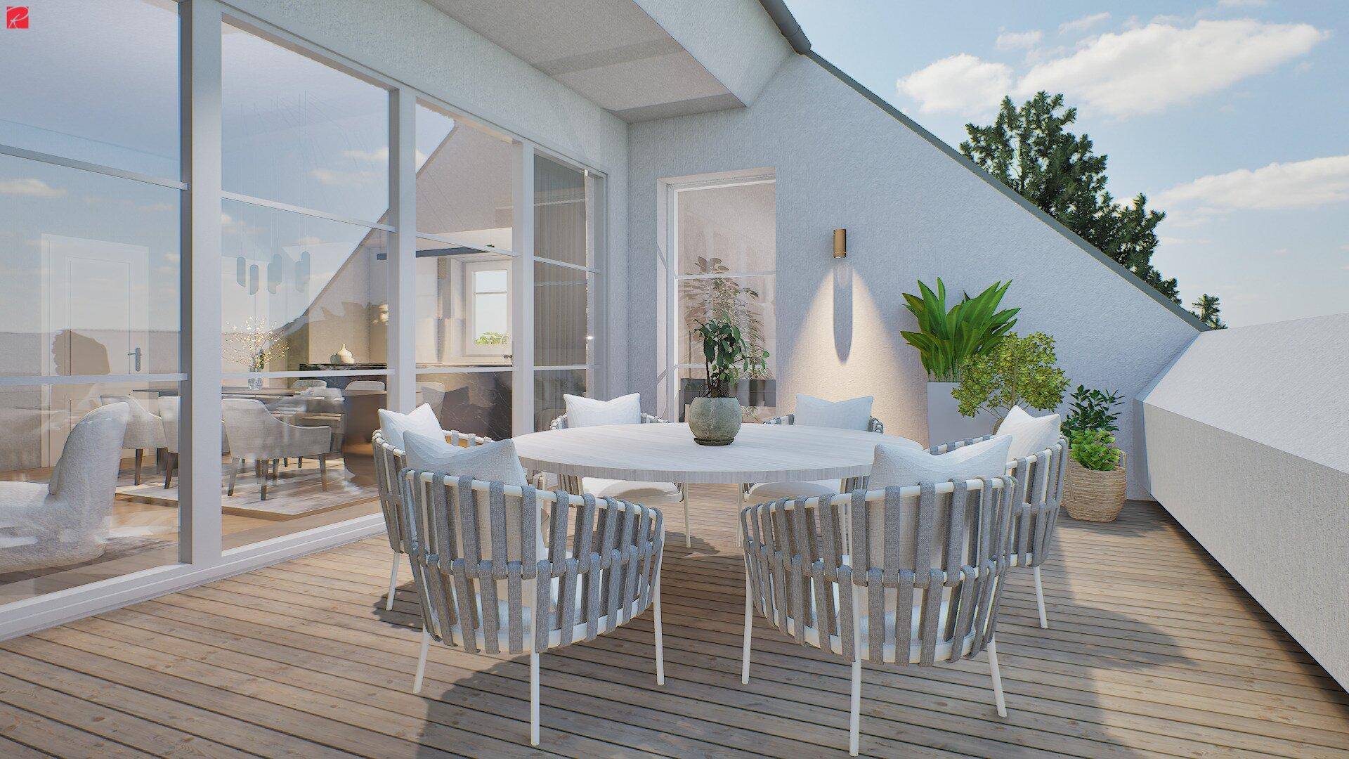 Große Dachterrasse mit modernen Gartenmöbeln und weitem Blick, ideal für entspannte Stunden im Freien.