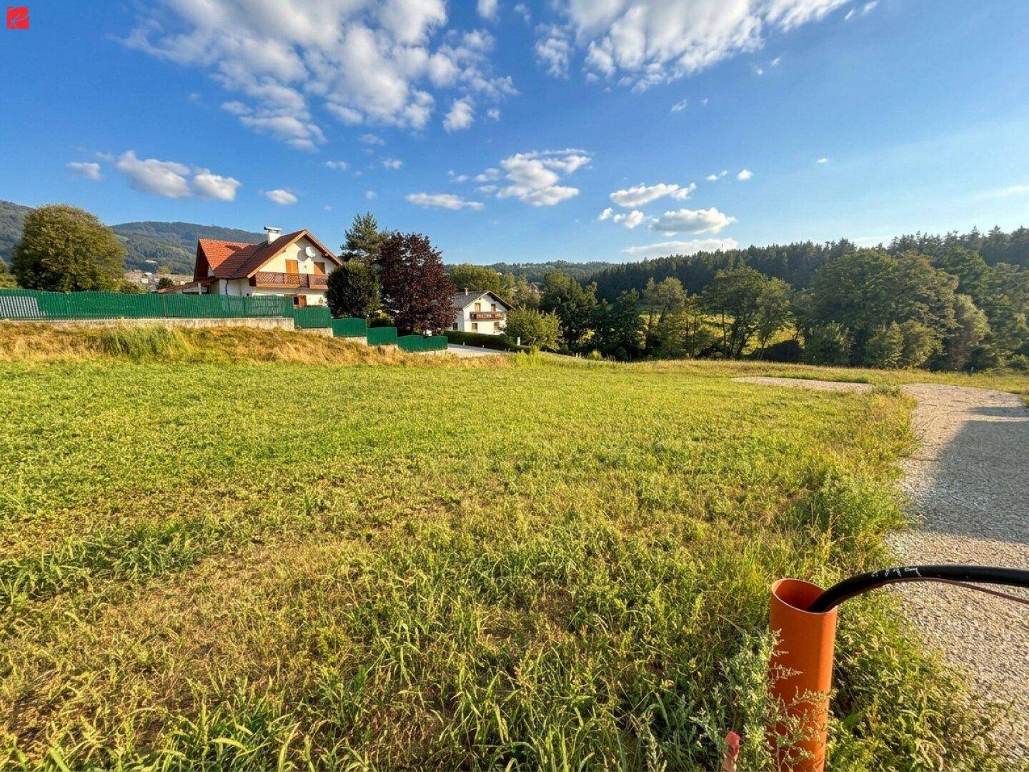 Grünes Grundstück mit Häusern und Bäumen im Hintergrund unter blauem Himmel.