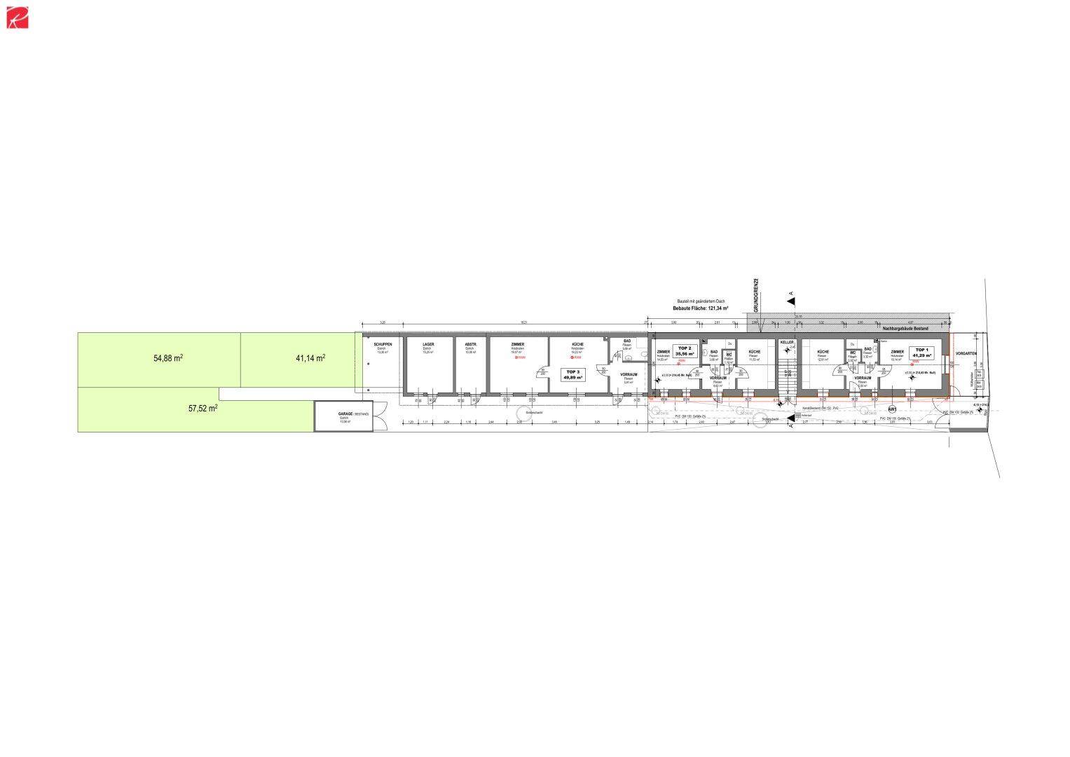 Detaillierter Grundriss eines langen Gebäudes mit verschiedenen Räumen und Flächenangaben.
