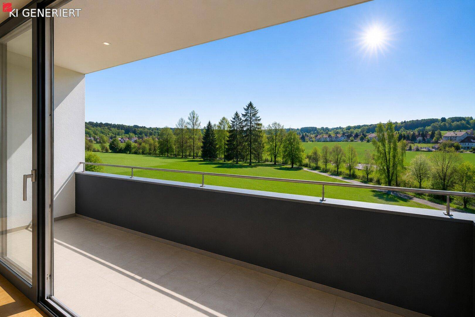 Sonniger Balkon mit weitem Blick über grüne Felder und Bäume, ideal zum Entspannen und Genießen der Natur.