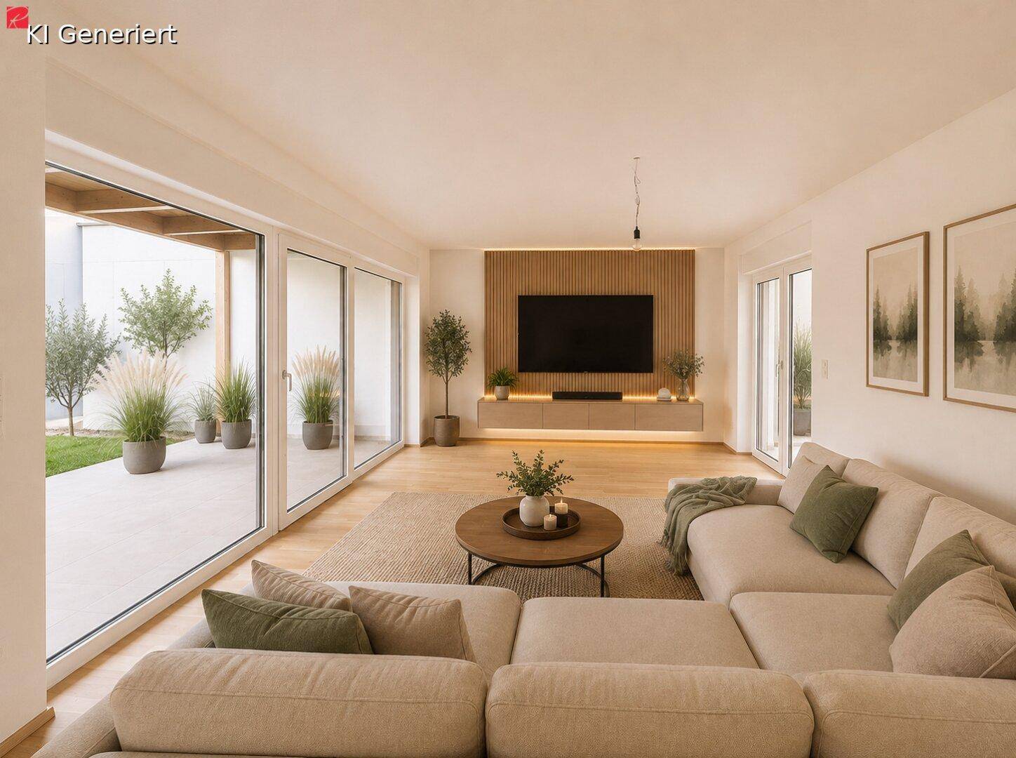 Geräumiges Wohnzimmer mit bequemer Couch, Holzboden und großem Zugang zum Garten.