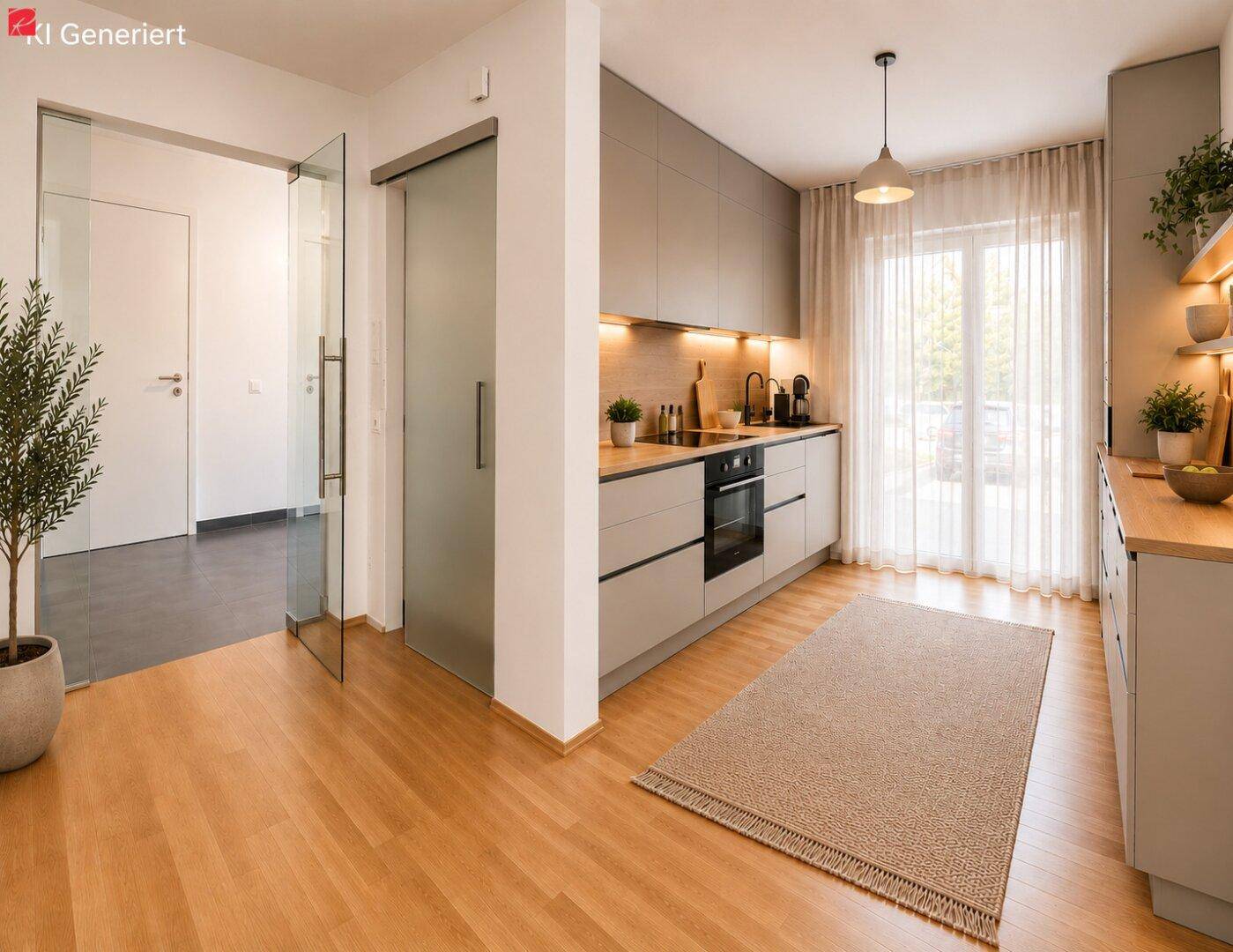 Moderne Küche mit grauen Schränken, Holzboden und Zugang zu einem hellen Außenbereich.