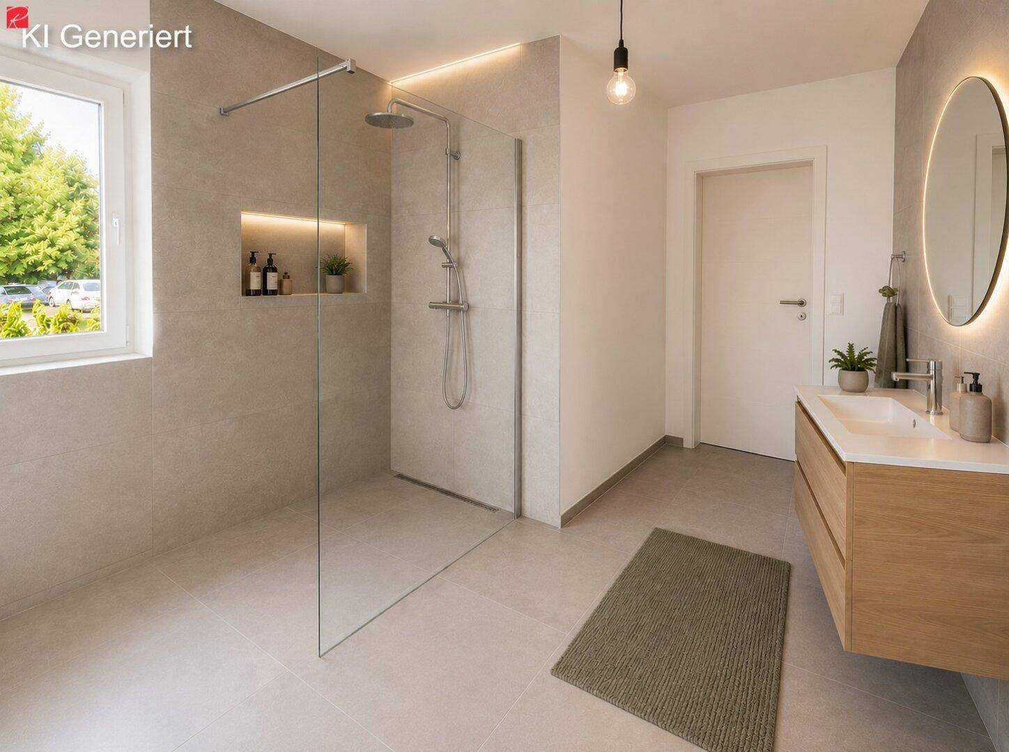 Modernes Badezimmer mit ebenerdiger Dusche, schwebendem Waschtisch und beleuchtetem Spiegel.