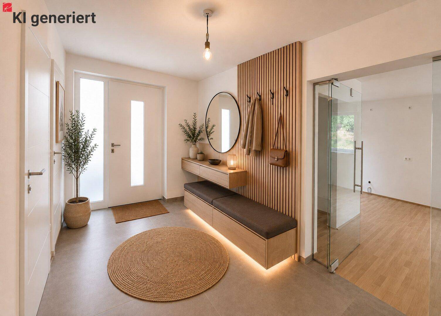 Moderner Eingangsbereich mit stilvoller Garderobe, Sitzbank und indirekter Beleuchtung.