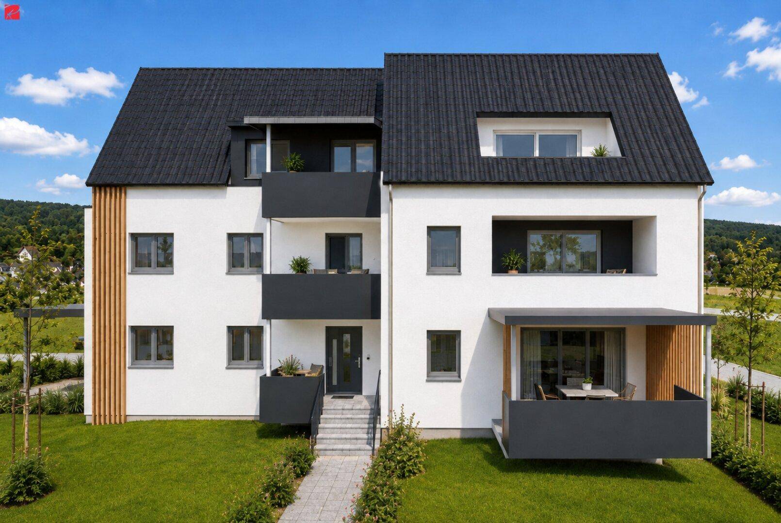 Modernes Mehrfamilienhaus mit weißer Fassade, dunklem Dach und Balkonen in grüner Umgebung.
