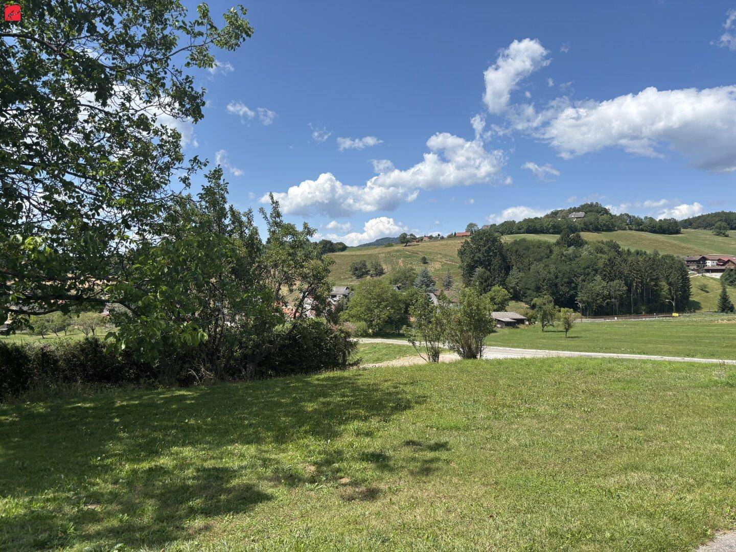 Idyllische Grünfläche mit Bäumen und weitem Blick auf die hügelige Landschaft und vereinzelte Häuser.