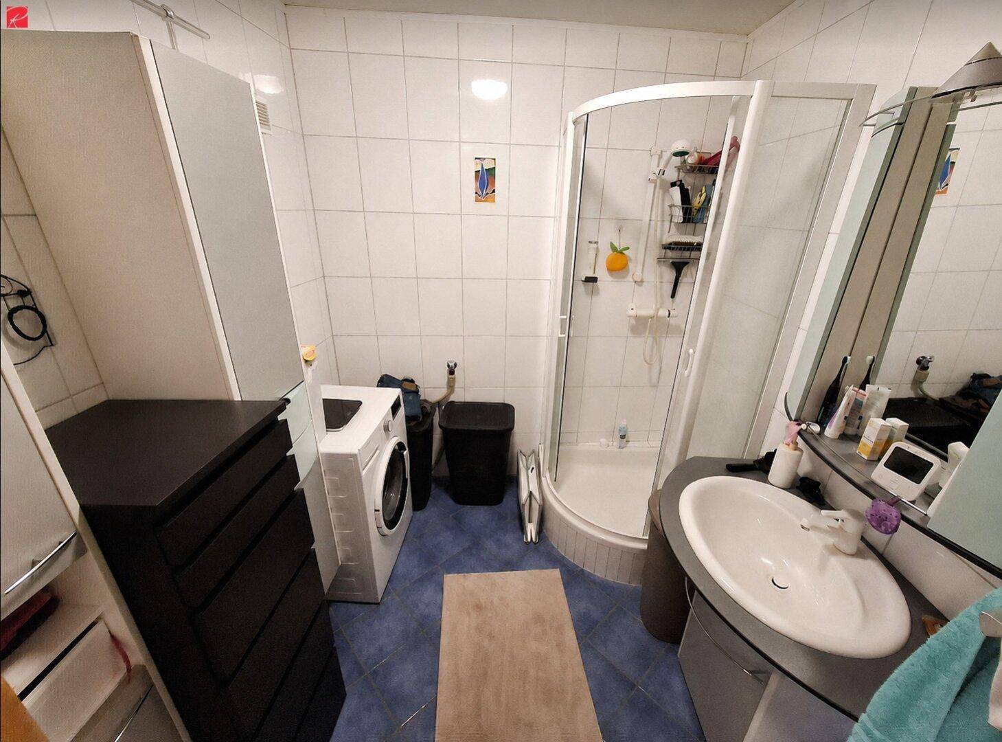 Badezimmer mit Duschkabine, Waschbecken und Waschmaschine, ausgestattet mit blauen und weißen Fliesen.