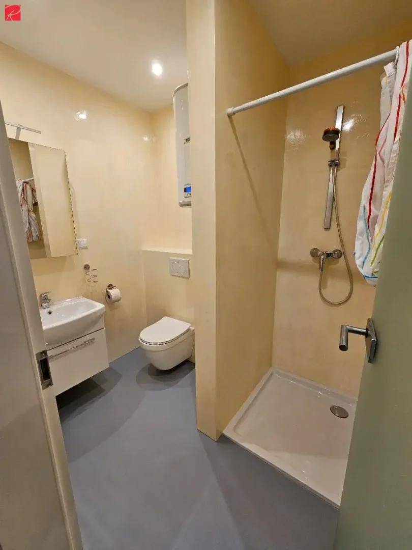 Funktionales Badezimmer mit Dusche, wandhängendem WC und Waschbecken in hellen Farbtönen.