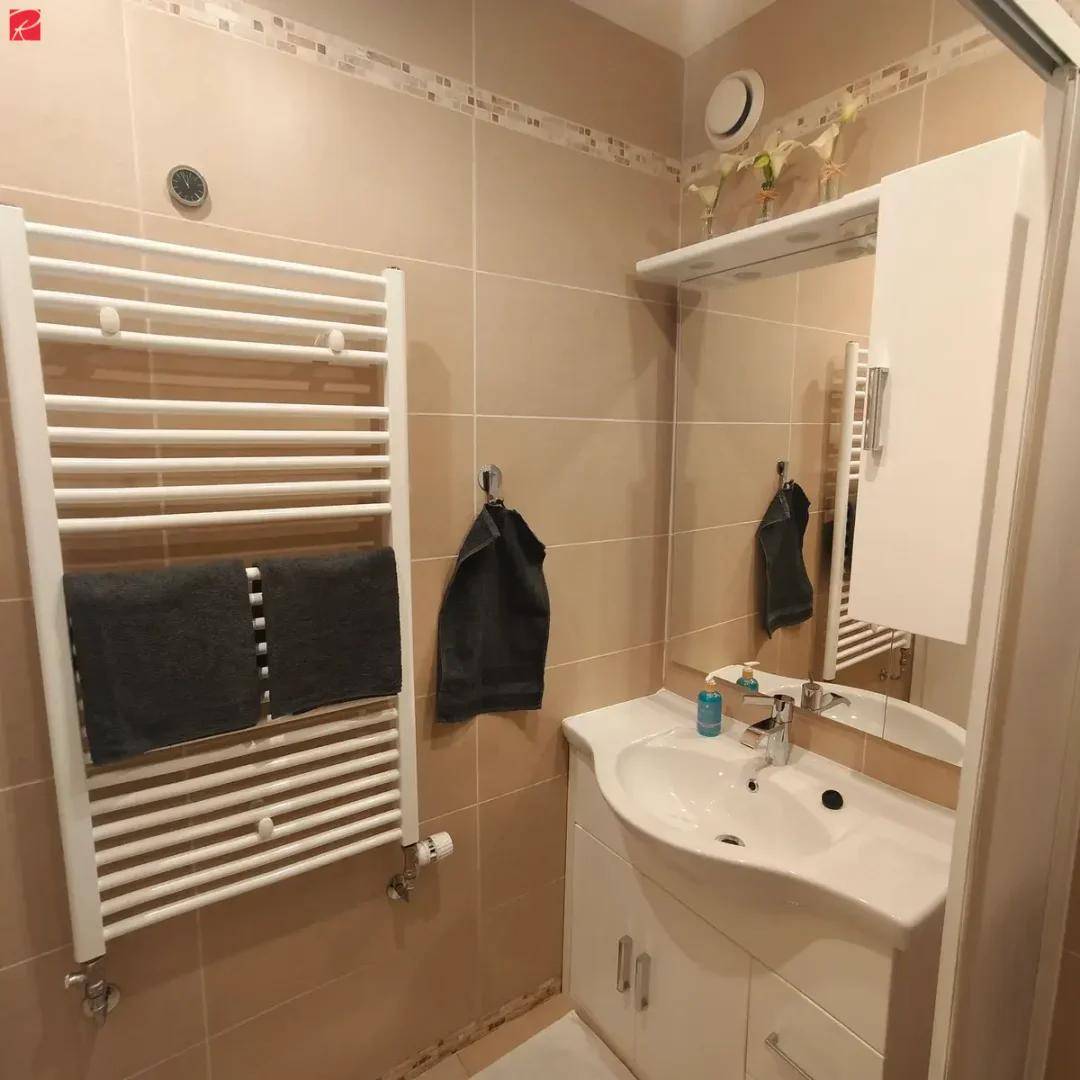 Badezimmer mit Waschbecken, Spiegelschrank und einem beheizten Handtuchhalter an der Wand.