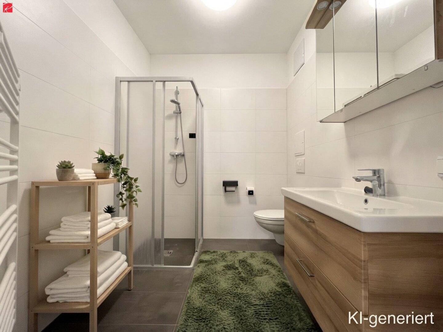 Modernes Badezimmer mit Duschkabine, Holzwaschtisch und weißen Fliesen, ausgestattet mit einem Handtuchheizkörper.