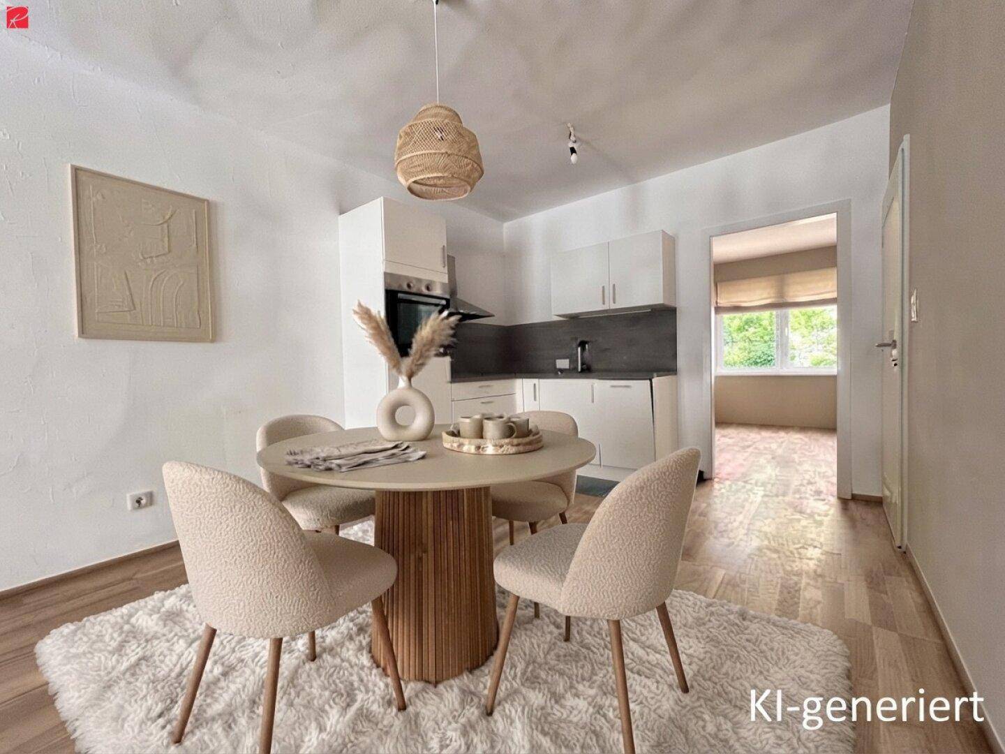 Kompakte Küche mit Essbereich, weißen Schränken und modernem Esstisch, ideal für kleine Haushalte.