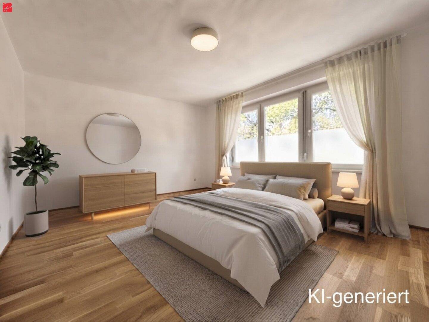 Modernes Schlafzimmer mit Holzboden, großem Bett und viel Tageslicht durch die breiten Fenster.