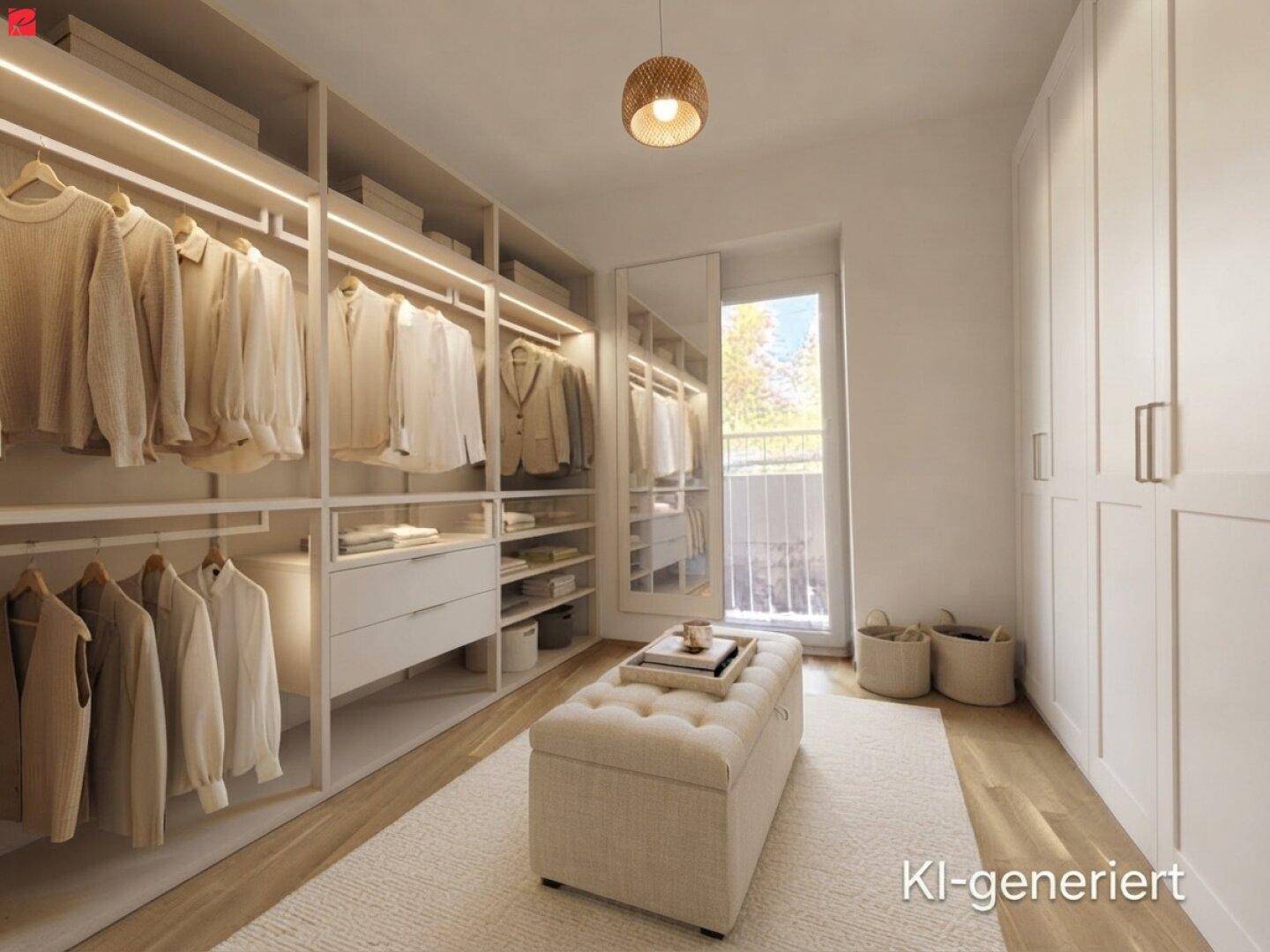 Geräumiger begehbarer Kleiderschrank mit integrierten Regalen und Zugang zu einem kleinen Balkon.