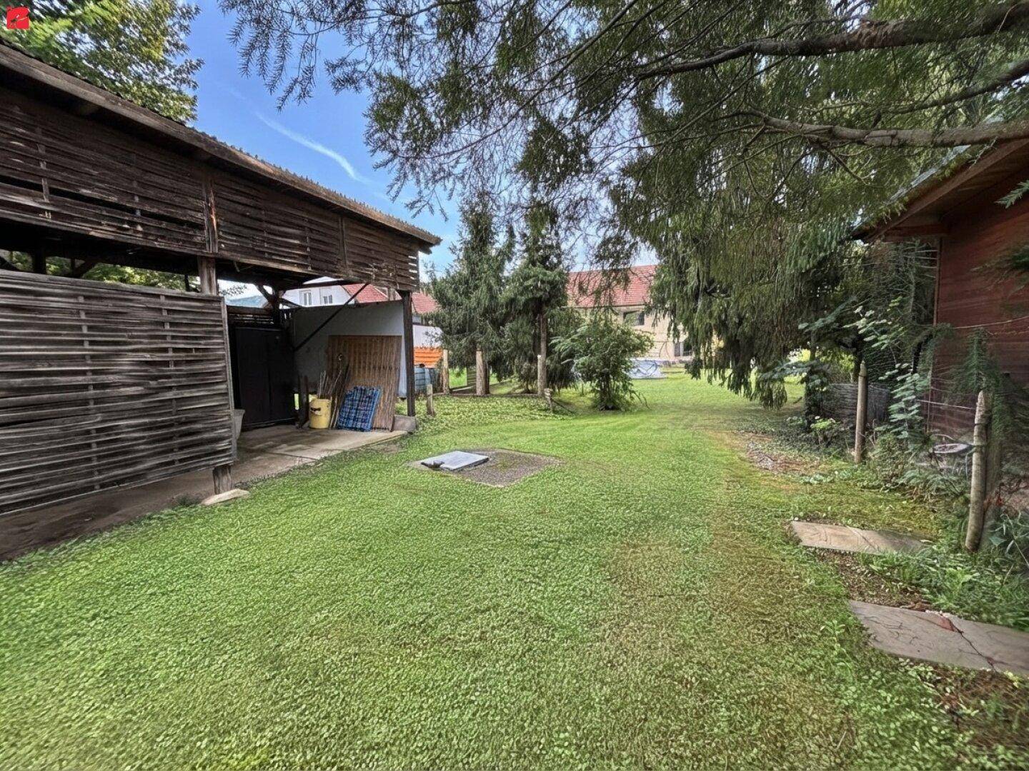 Hinterer Gartenbereich mit Rasen, Bäumen und einem einfachen Holzschuppen.