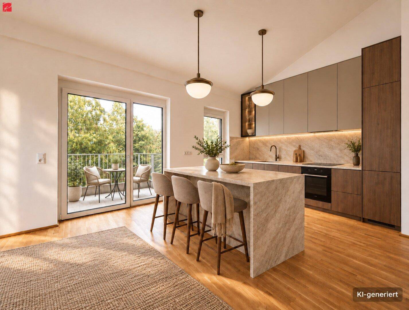 Moderne Küche mit Kücheninsel, Holzboden und direktem Zugang zu einem Balkon.