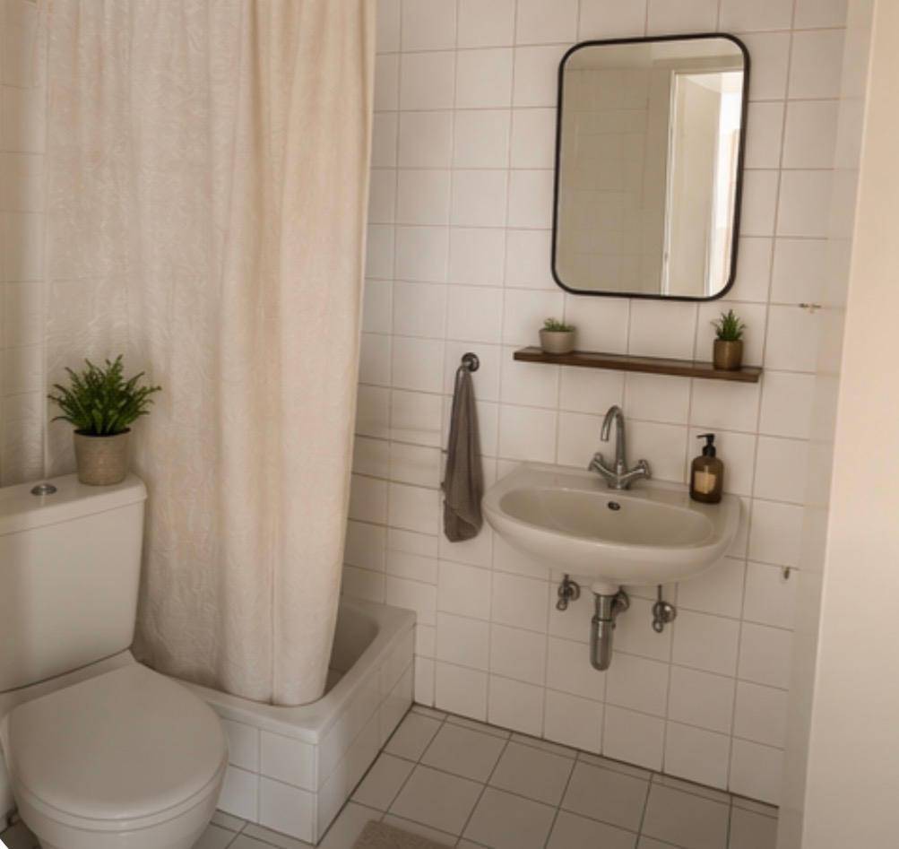 Badezimmer mit weißen Fliesen, Toilette, Waschbecken, Spiegel und Dusch-Badewannenbereich.