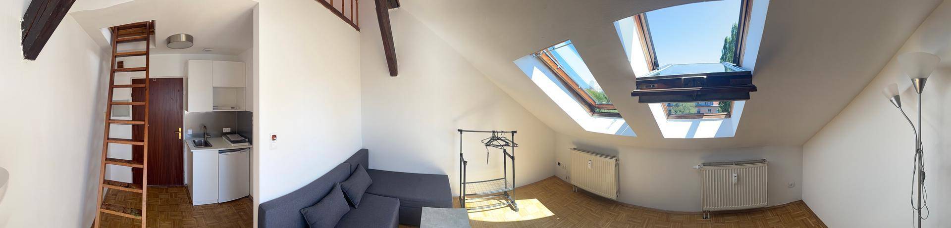 Helles Wohnzimmer mit Dachschrägen, mehreren Dachfenstern, einem Sofa und einer kleinen Küchenzeile.