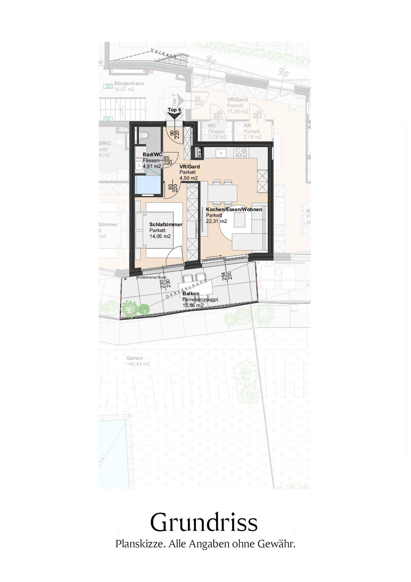 Detaillierter Grundriss einer Wohnung mit Schlafzimmer, Bad und offenem Wohn-Essbereich.