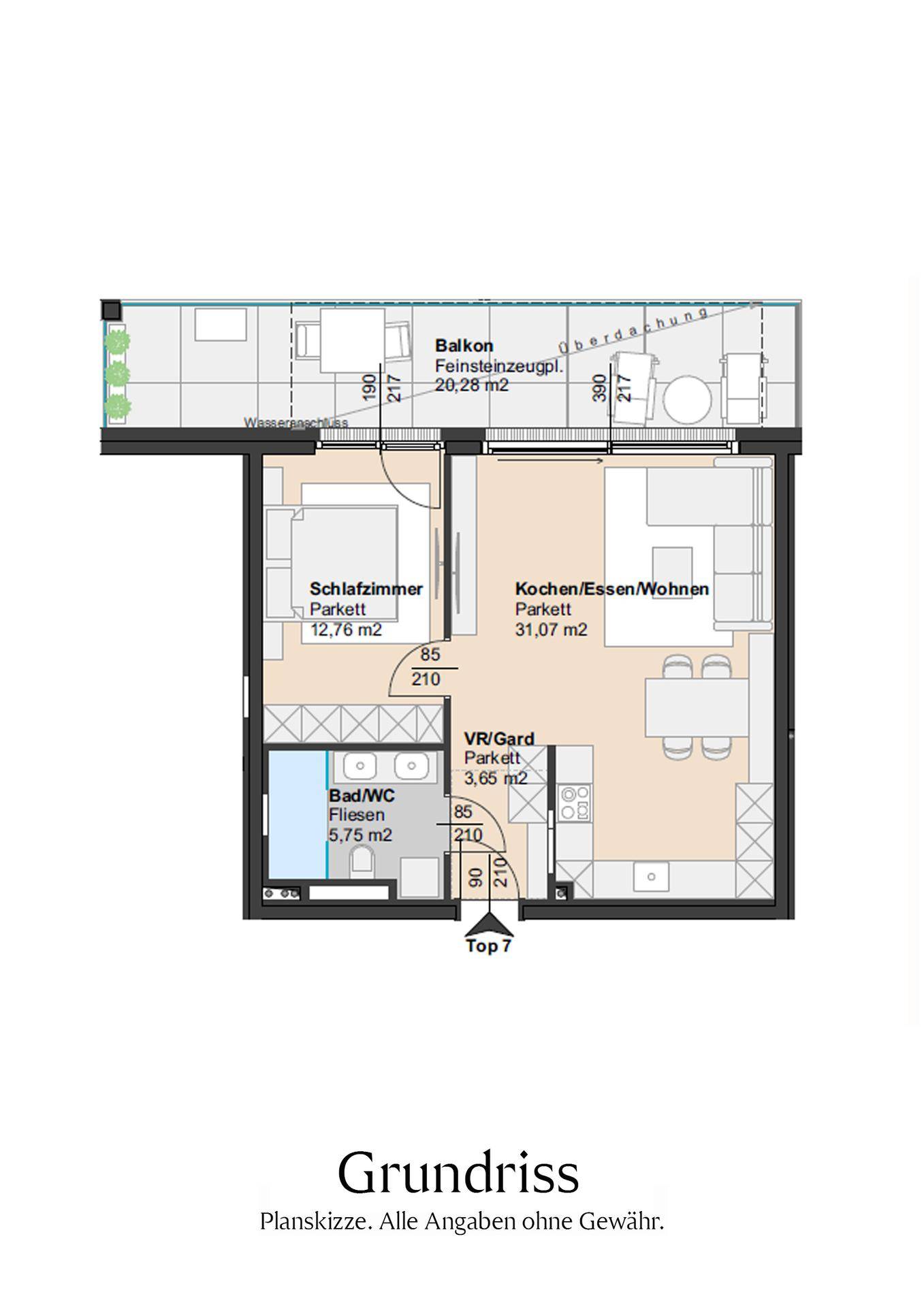 Grundriss einer Wohnung mit Balkon, Schlafzimmer und offenem Wohn-Essbereich.