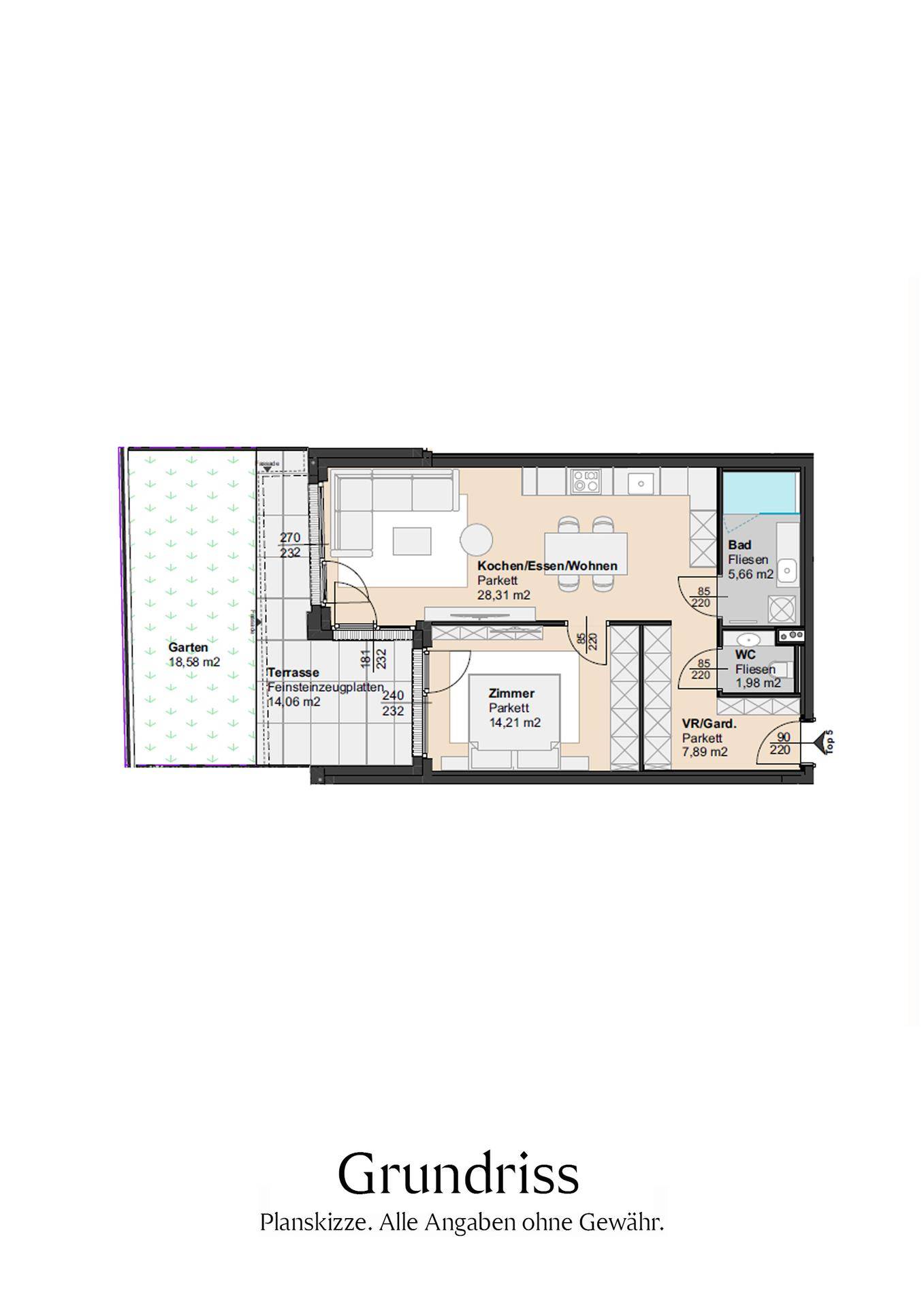 Detaillierter Grundriss einer Wohnung mit offenem Wohnbereich, Schlafzimmer und Terrasse.
