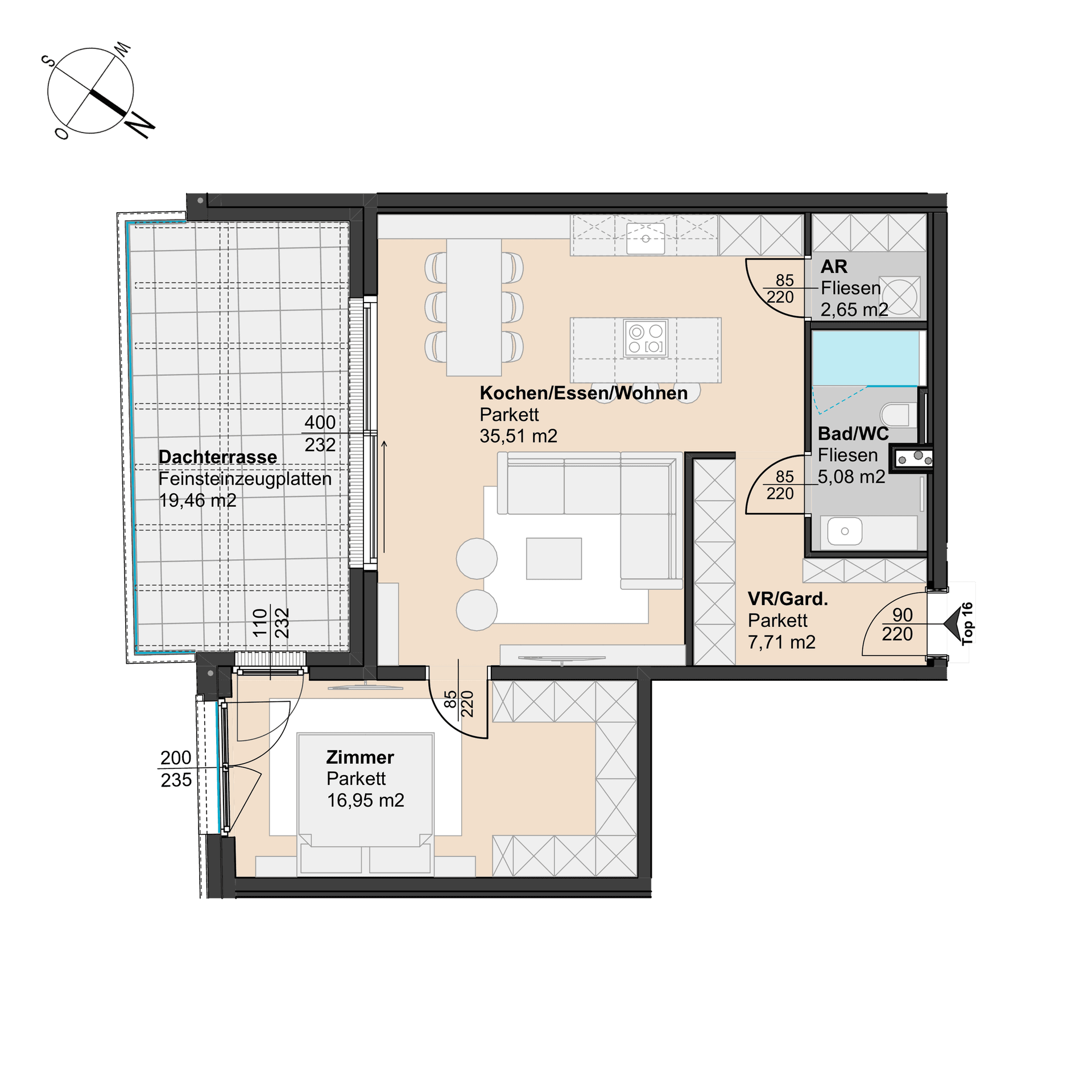 Grundriss einer Wohnung mit offener Küche, Wohnbereich, Schlafzimmer und Dachterrasse.