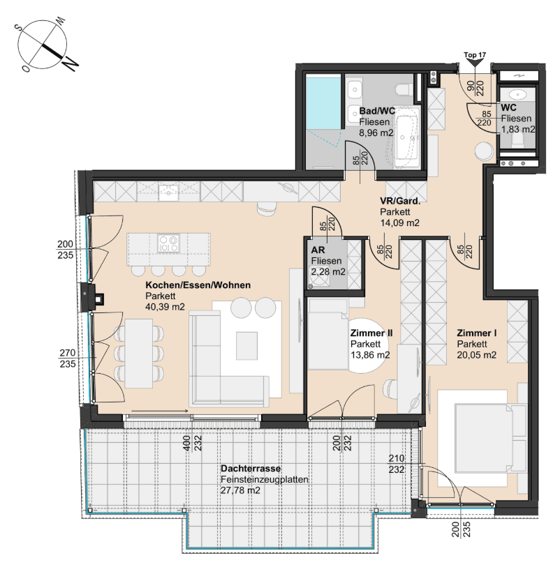 Detaillierter Grundriss einer Wohnung mit offenem Wohnbereich, zwei Schlafzimmern und Dachterrasse.