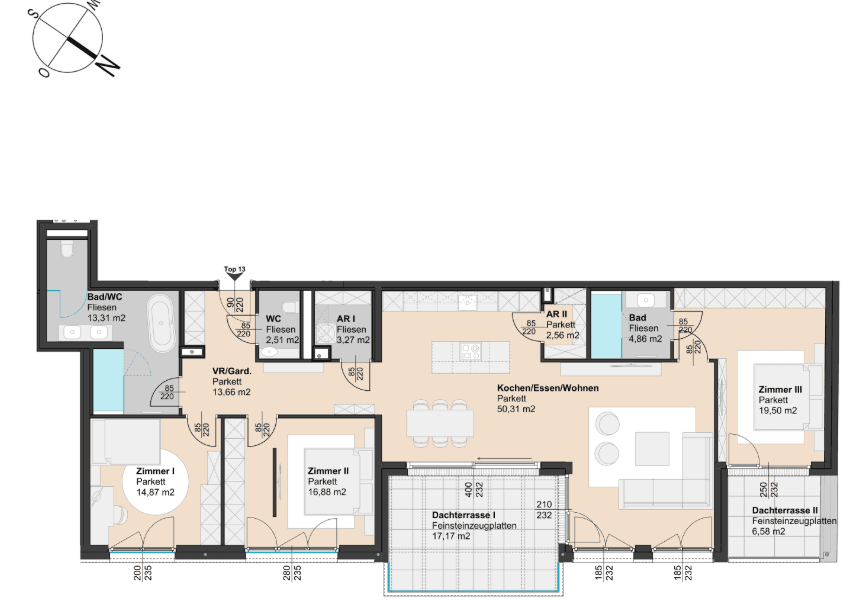 Detaillierter Grundriss einer Wohnung mit drei Zimmern, zwei Bädern und Dachterrassen.