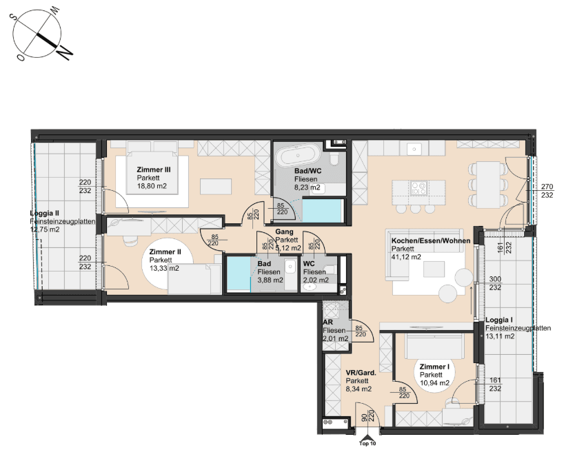 Detaillierter Grundriss einer Wohnung mit drei Zimmern, zwei Bädern und Loggien.