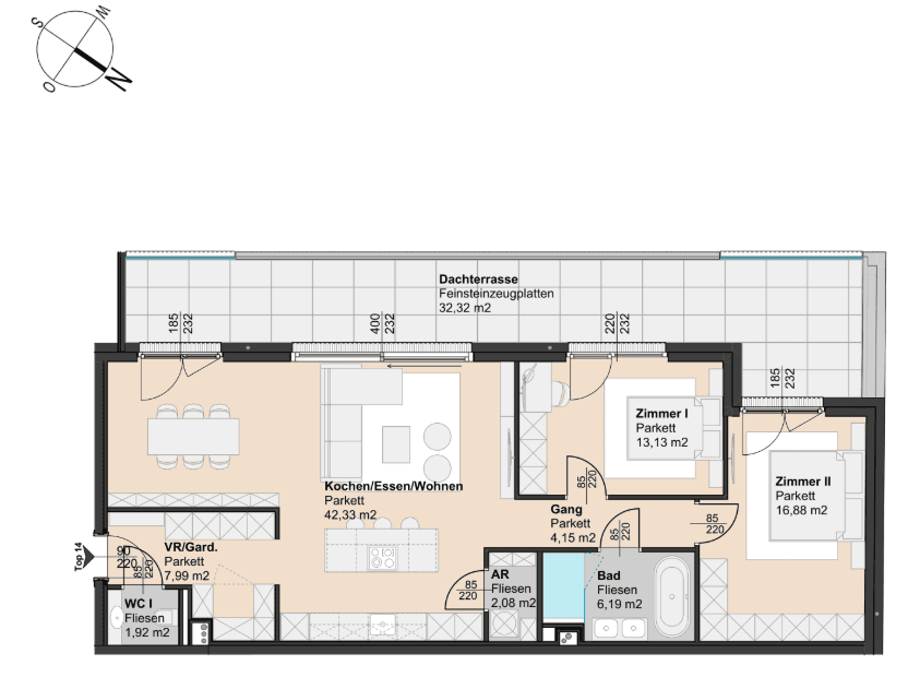 Grundriss einer Wohnung mit offener Küche, zwei Schlafzimmern und großer Dachterrasse.