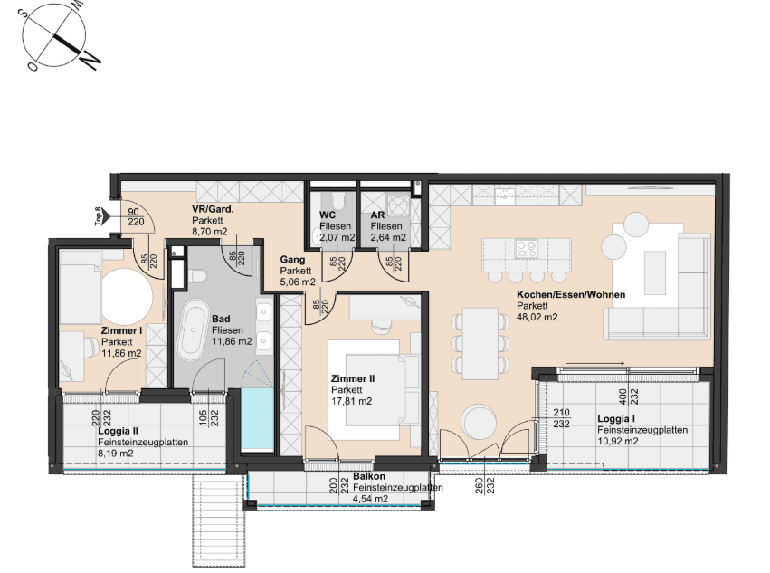 Detaillierter Grundriss einer Wohnung mit drei Zimmern, zwei Loggien und einem Balkon.