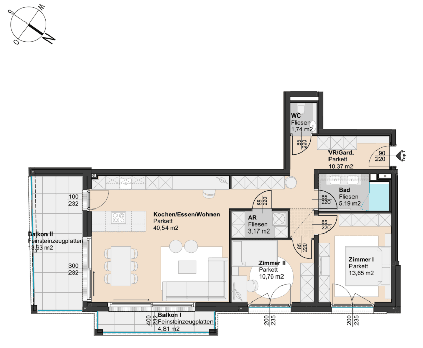 Detaillierter Grundriss einer Wohnung mit offenem Wohnbereich, zwei Schlafzimmern und zwei Balkonen.