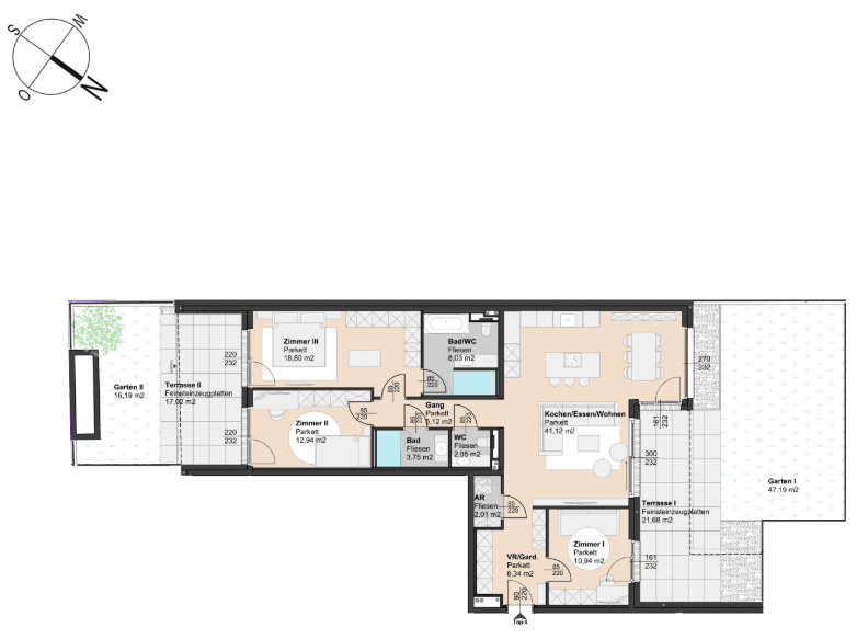 Detaillierter Grundriss einer Wohnung mit mehreren Zimmern, Terrassen und Gärten.